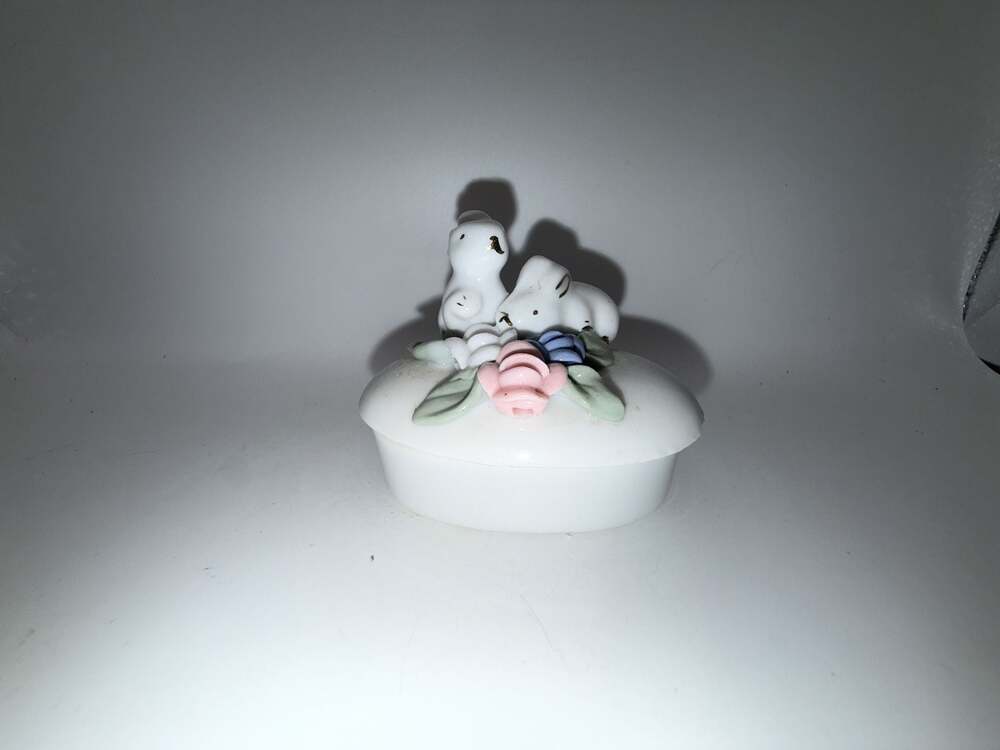 Ceramic Bunny Rabbit Trinket Box with Floral Lid
